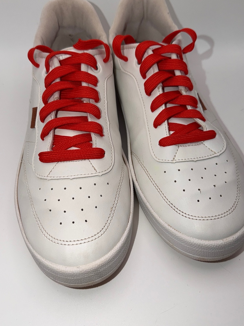 White Sneakers with Red Laces — Women's Casual Leather Trainers